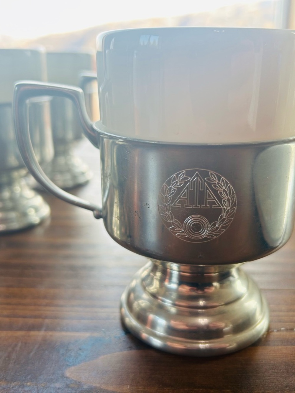 Vintage Kirk Stieff ATA Pewter & Cermanic Coffee Cups( set of 6)